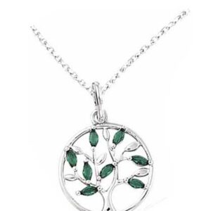 Collier argent rhodié arbre de vie oxydes vert émeraude