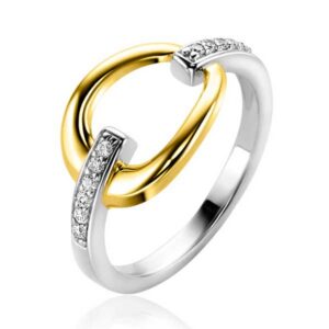 Bague bicolore argentée ZINZI avec goutte ouverte plaqué or et zircon blanc sur l'anneau