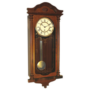 Pendule Mécanique teinté Noyer - Vitre sérigraphiée or - ht. 67,5cm
