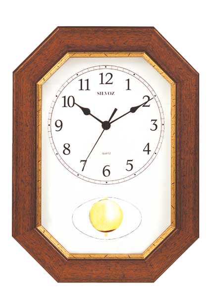 Pendule Quartz bois teinté Noyer patiné filet doré à balancier
