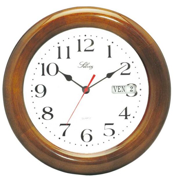 Pendule Quartz grand dato bois teinté Noyer verni Ø28,5cm