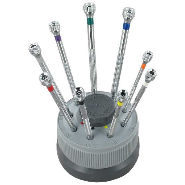 Assortiment de 9 Tournevis Chromés à billes sur socle tournant BERGEON (mèche de rechange)