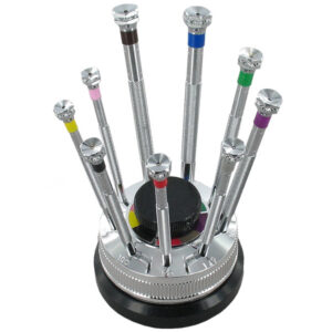 Assortiment de 9 Tournevis Chromés à billes, sur socle tournant (mèche de rechange)