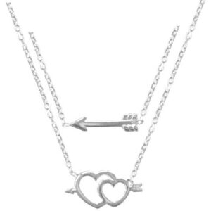COLLIER ARG RHODIE DOUBLE CHAINE 2 COEURS ET FLECHE
