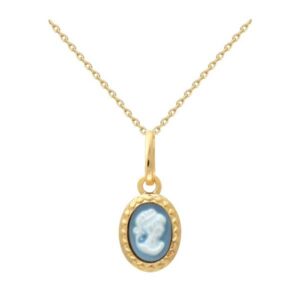 CHAINE dorure 0,20 m+ PENDENTIF PL 3M 16K CAMEE BLEU